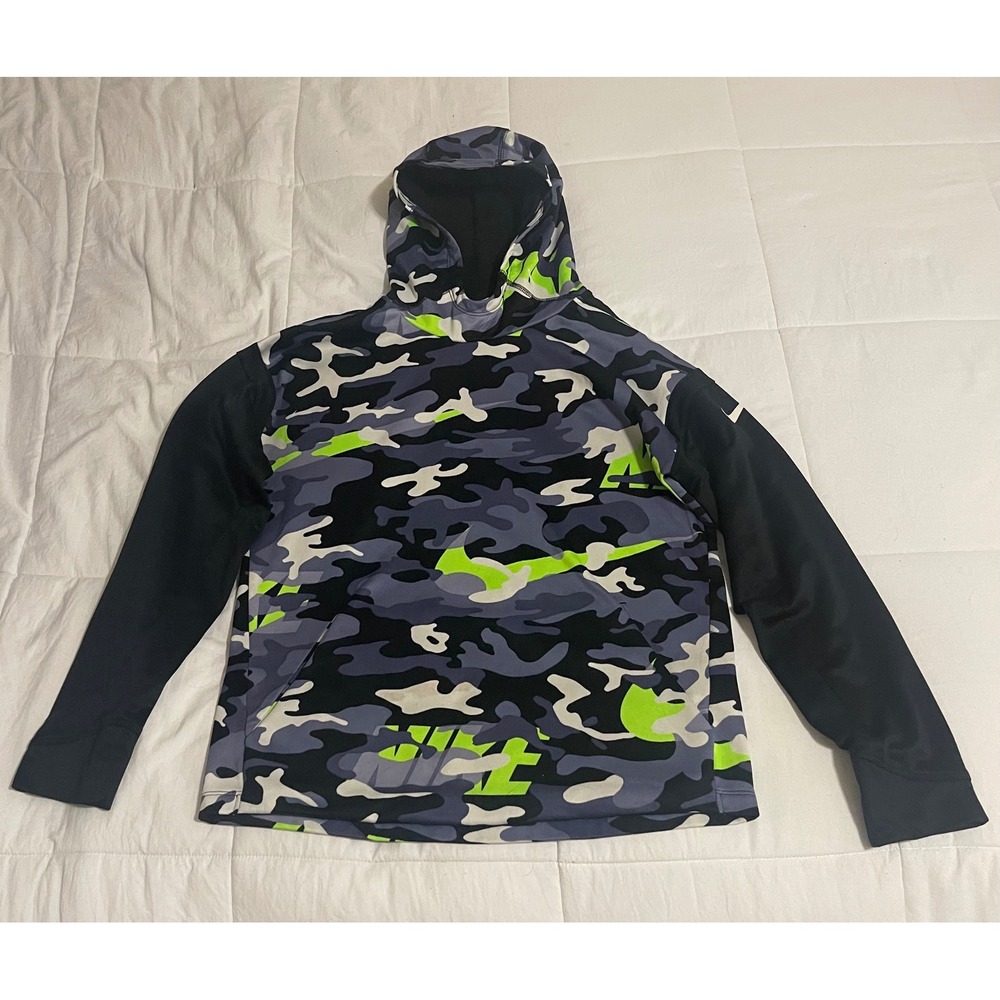 Nike Kids Dri-FIT Camo Hoodie Blue Grey Neon Green Fleece XL Pullover